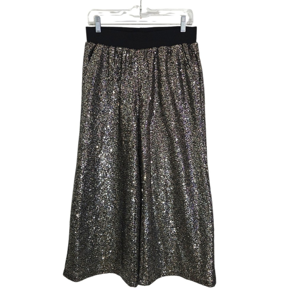 See and Be Seen Black Silver Sequin Wide Leg Pants PT1130 Elastic Waist Medium